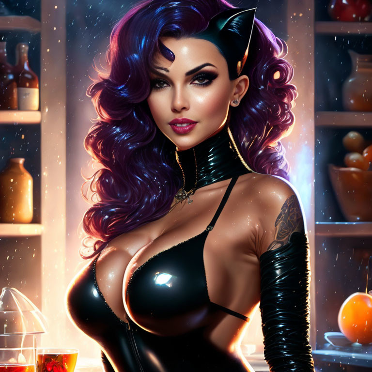 Digital artwork: Woman with cat-like features, purple hair, black outfit, tattoos, night background,