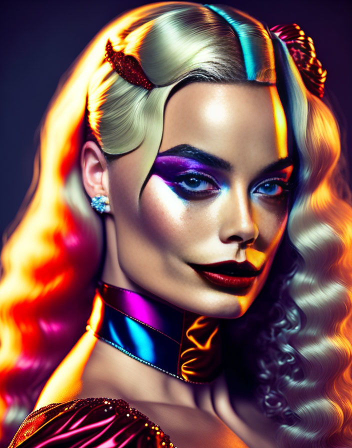 Colorful makeup portrait of a woman with blue and purple eyeshadow, rainbow hair, and horns