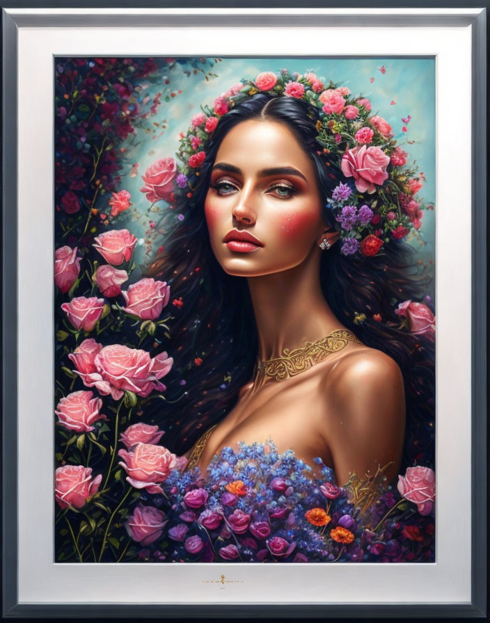 Portrait of woman with dark hair among vibrant flowers and gold necklace