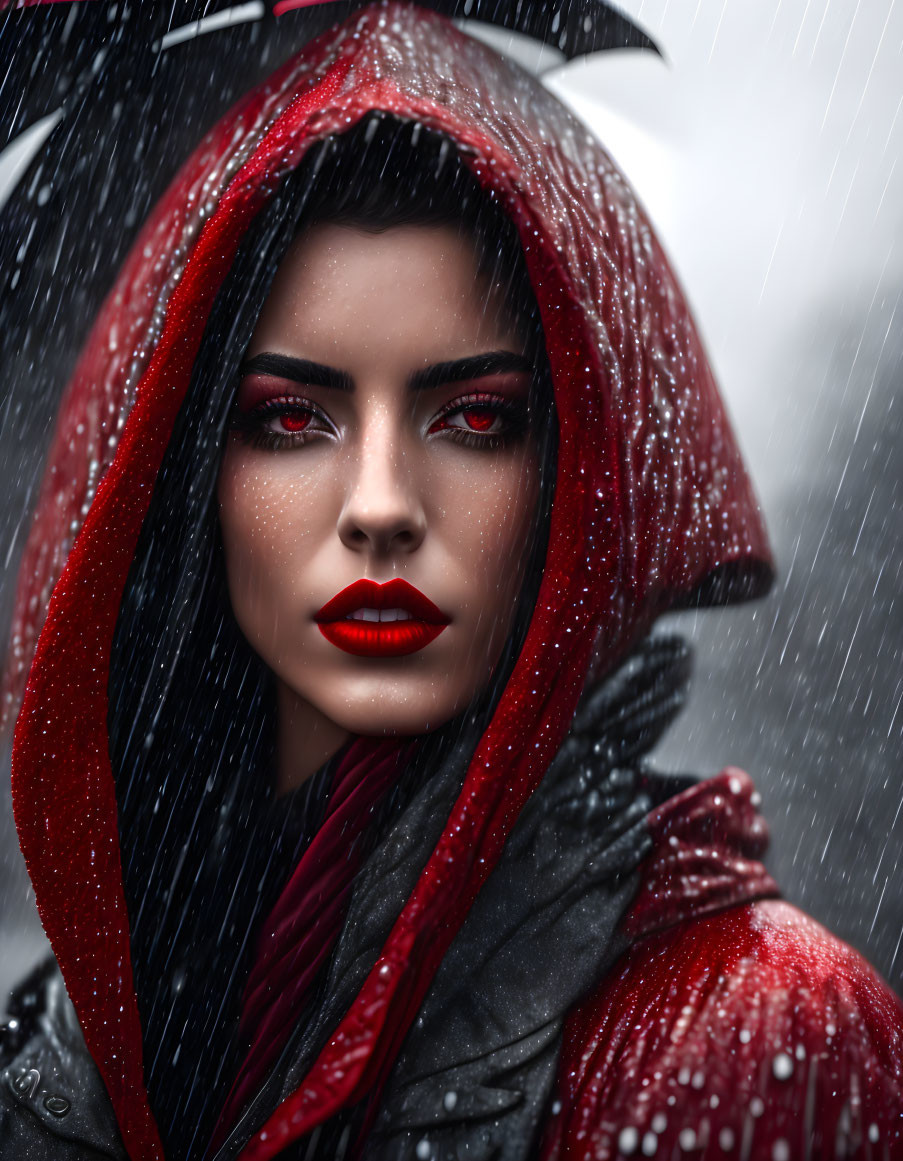 Woman in Red Cloak with Striking Makeup in Snowy Landscape