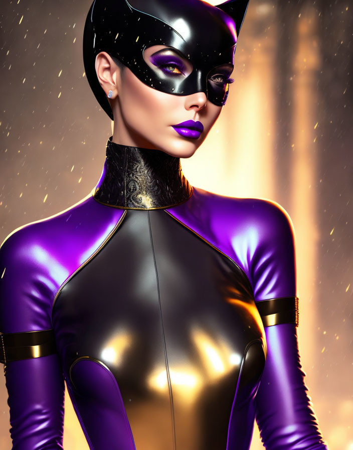 Digital artwork: Woman in purple & black superhero costume with gold accents on golden backdrop