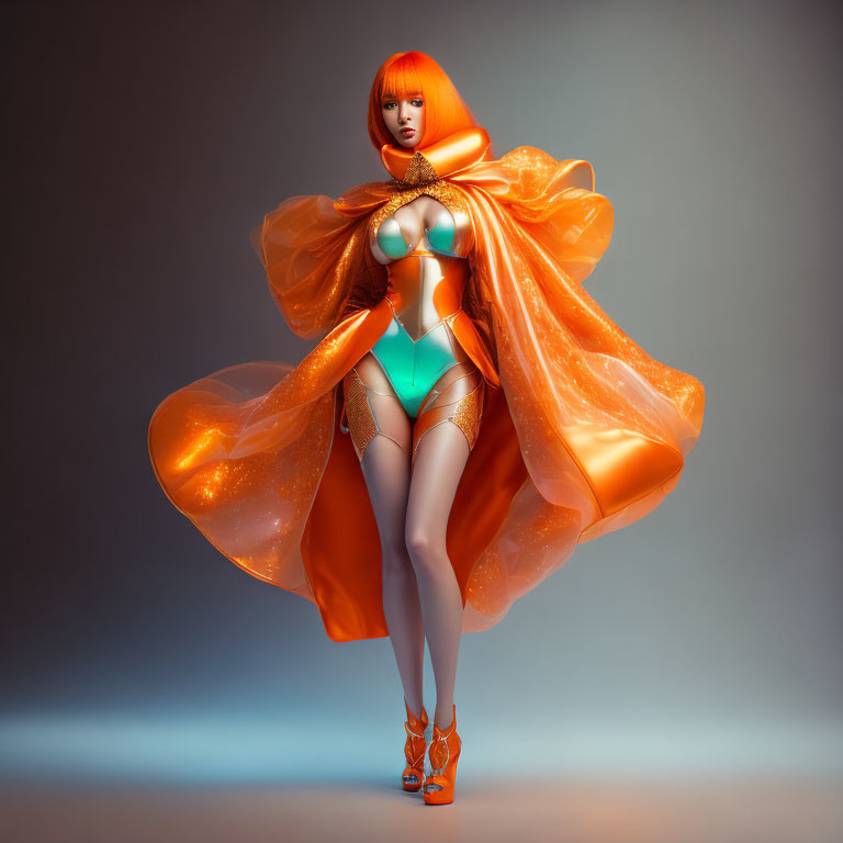 Futuristic female figure in orange cape and blue bodysuit