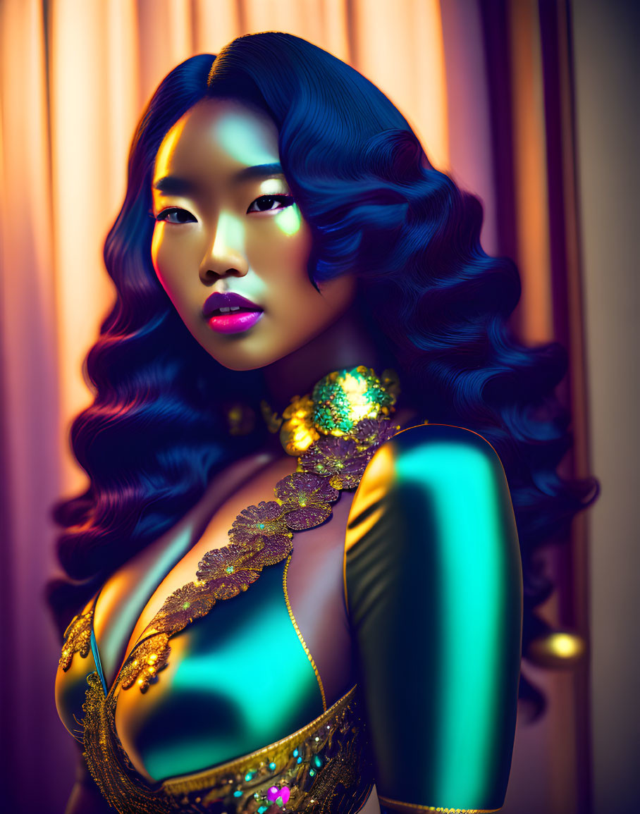 Digital Artwork: Woman with Wavy Hair in Emerald Attire