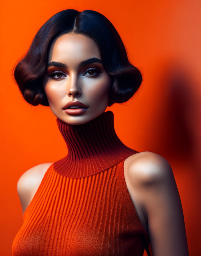 Portrait of woman with short wavy hair and turtleneck against burnt orange backdrop