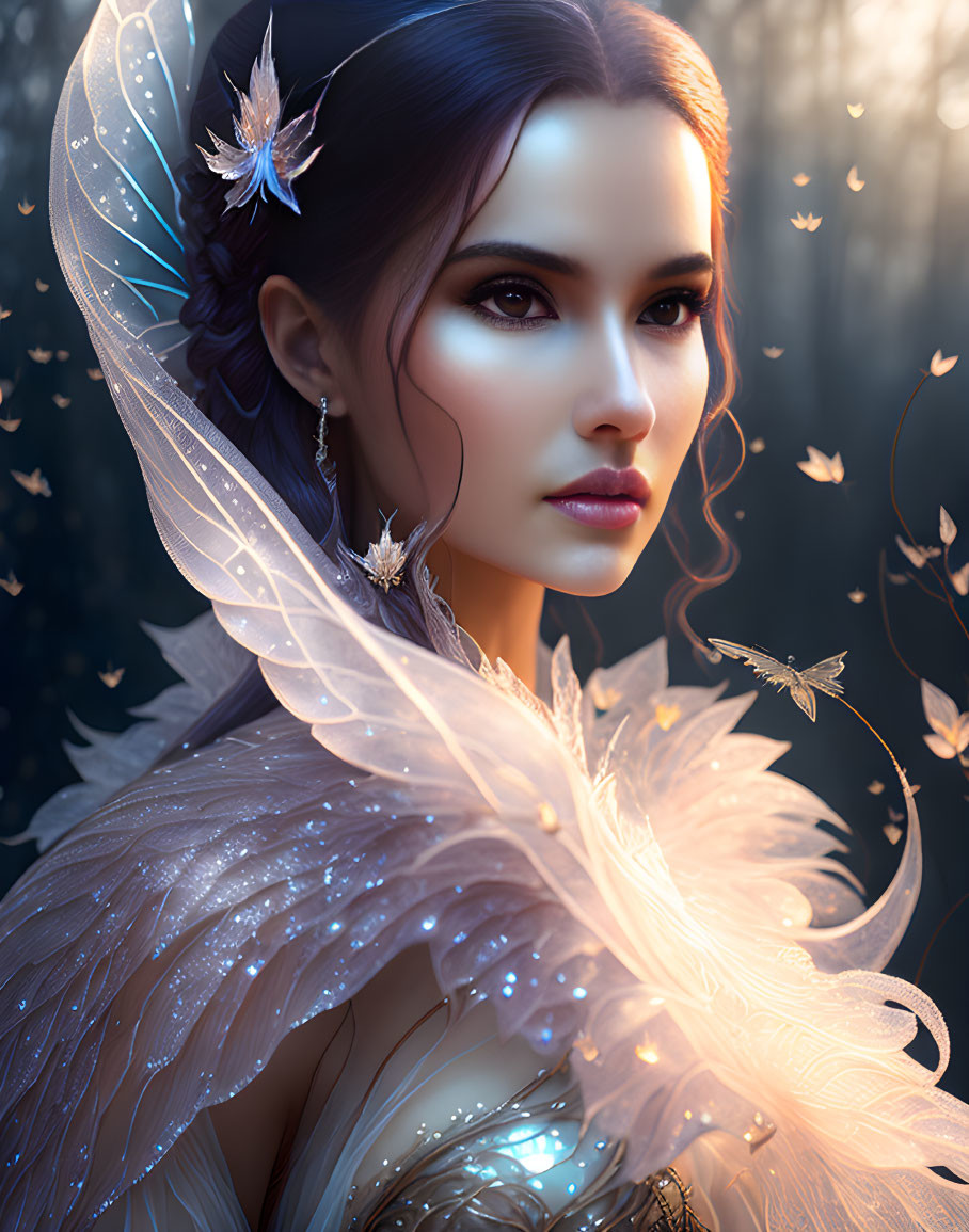 Digital artwork: Woman with elfin features, wings, feathered gown, glowing butterflies in twilight forest