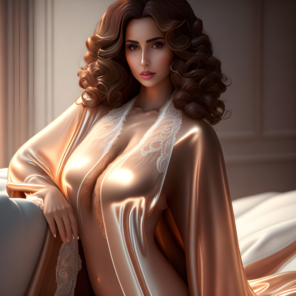 Digital artwork: Woman with voluminous curly hair in silky robe with lace, posing elegantly in softly