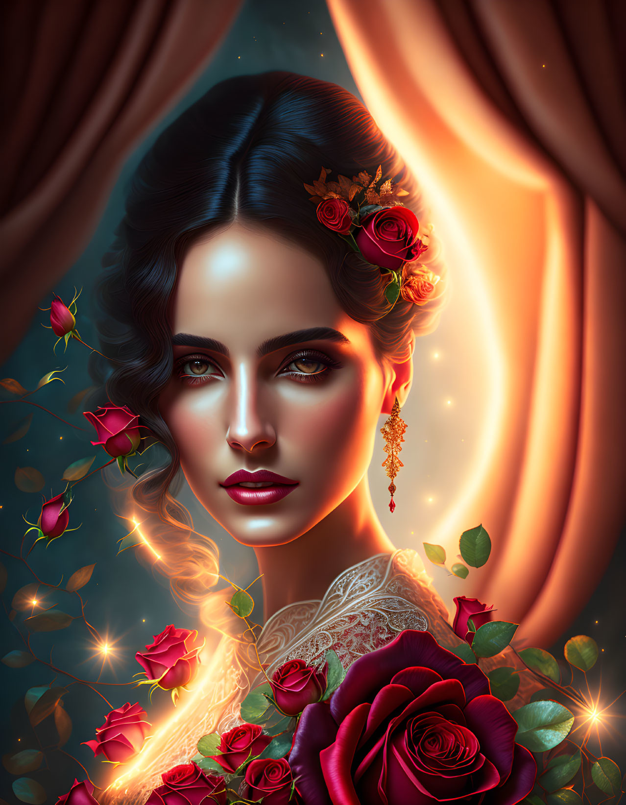 Illustrated woman with roses in hair and glowing earring against crescent backdrop