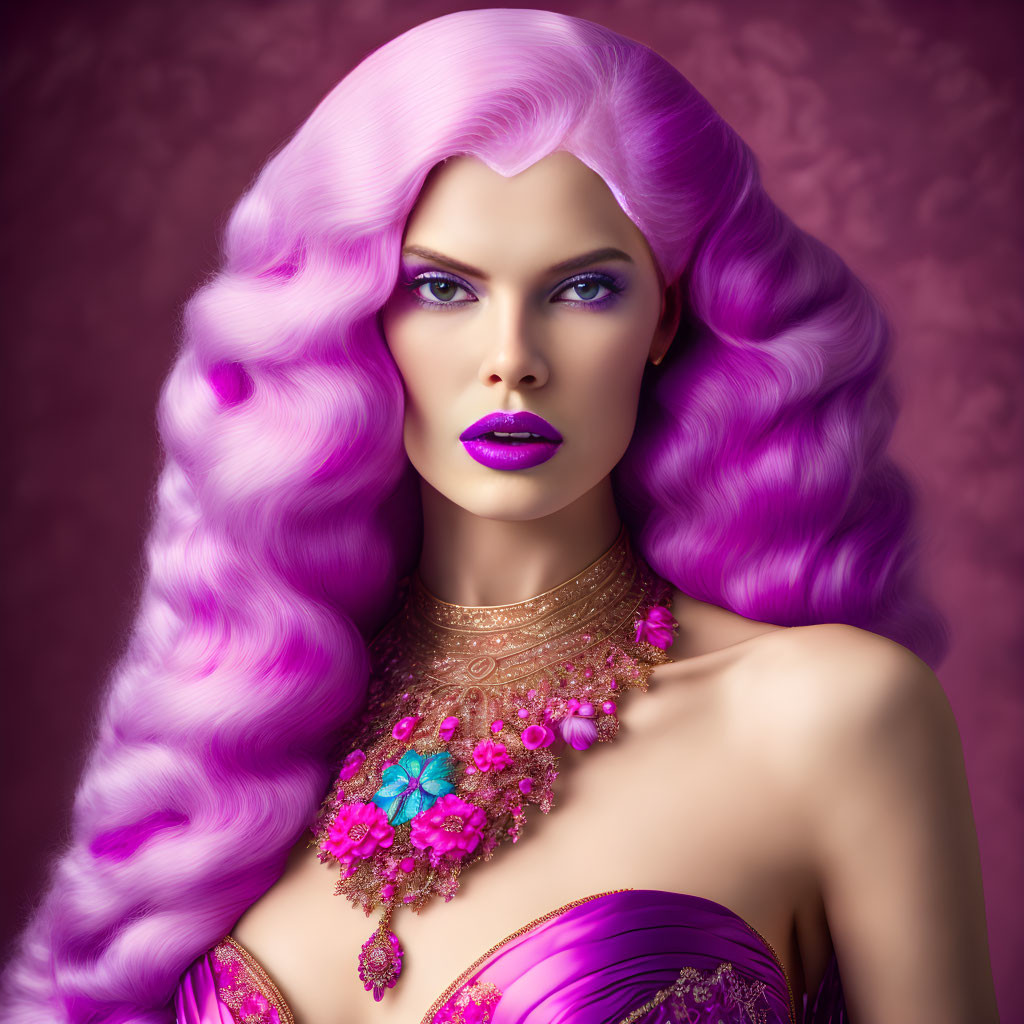 Vibrant digital artwork: woman with purple hair, bold makeup, and jewelry on plum backdrop