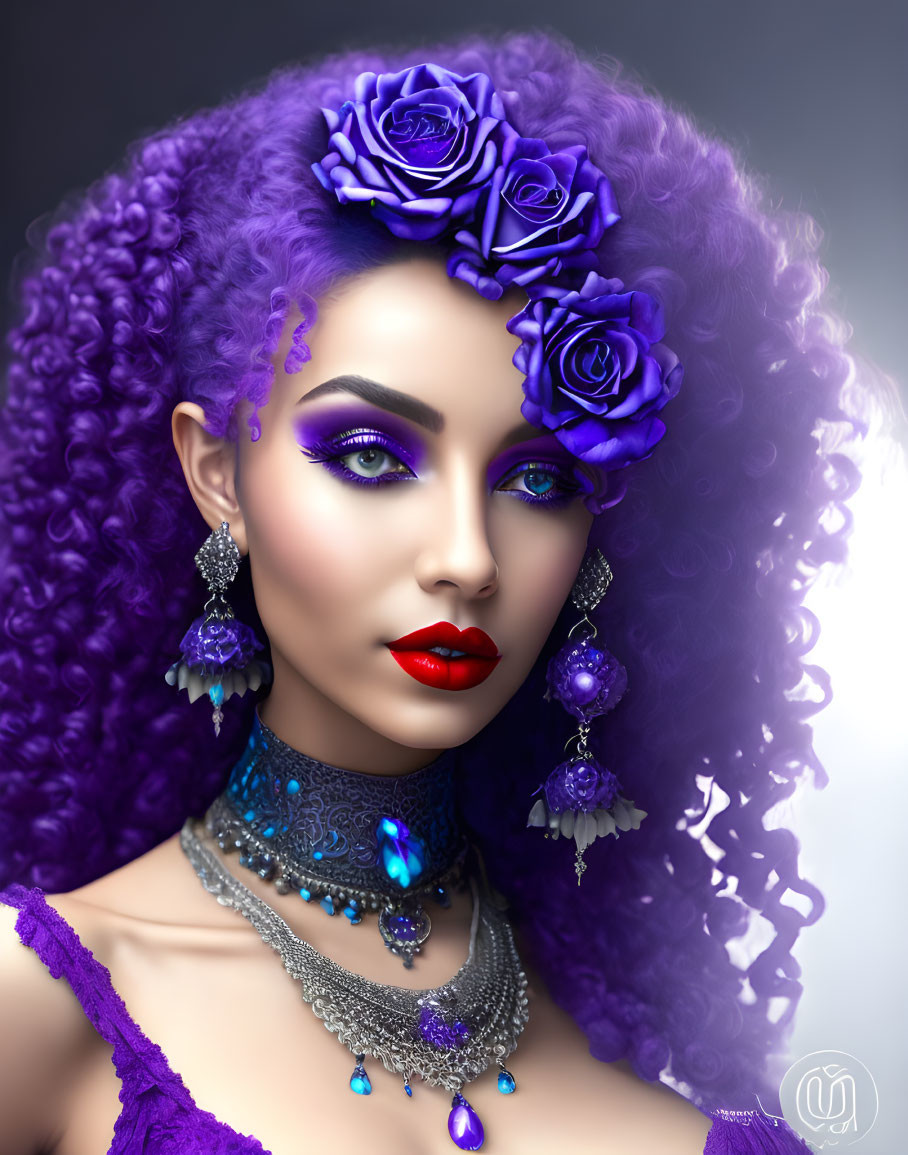 Portrait of woman with voluminous purple curly hair, blue roses, purple eyeshadow, red lipstick