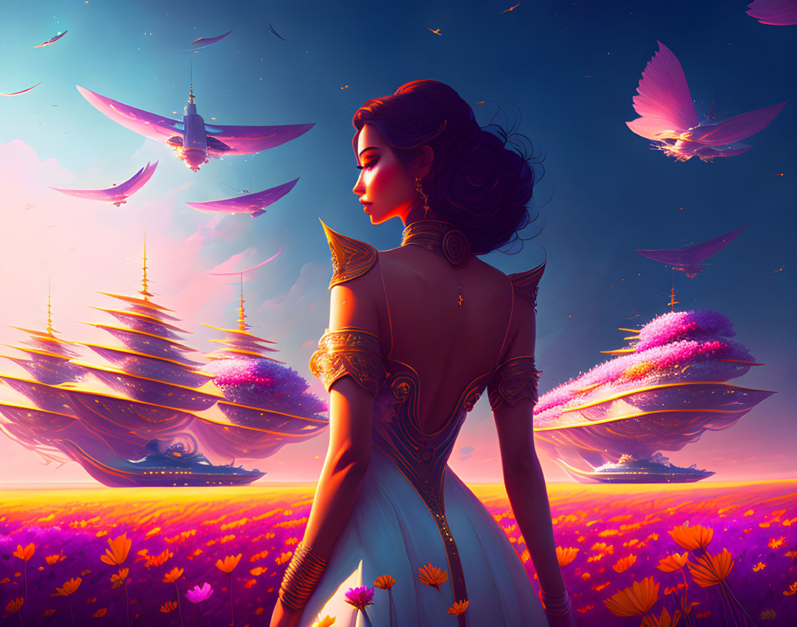 Woman admires surreal sunset with floating ships and butterflies above purple flower field