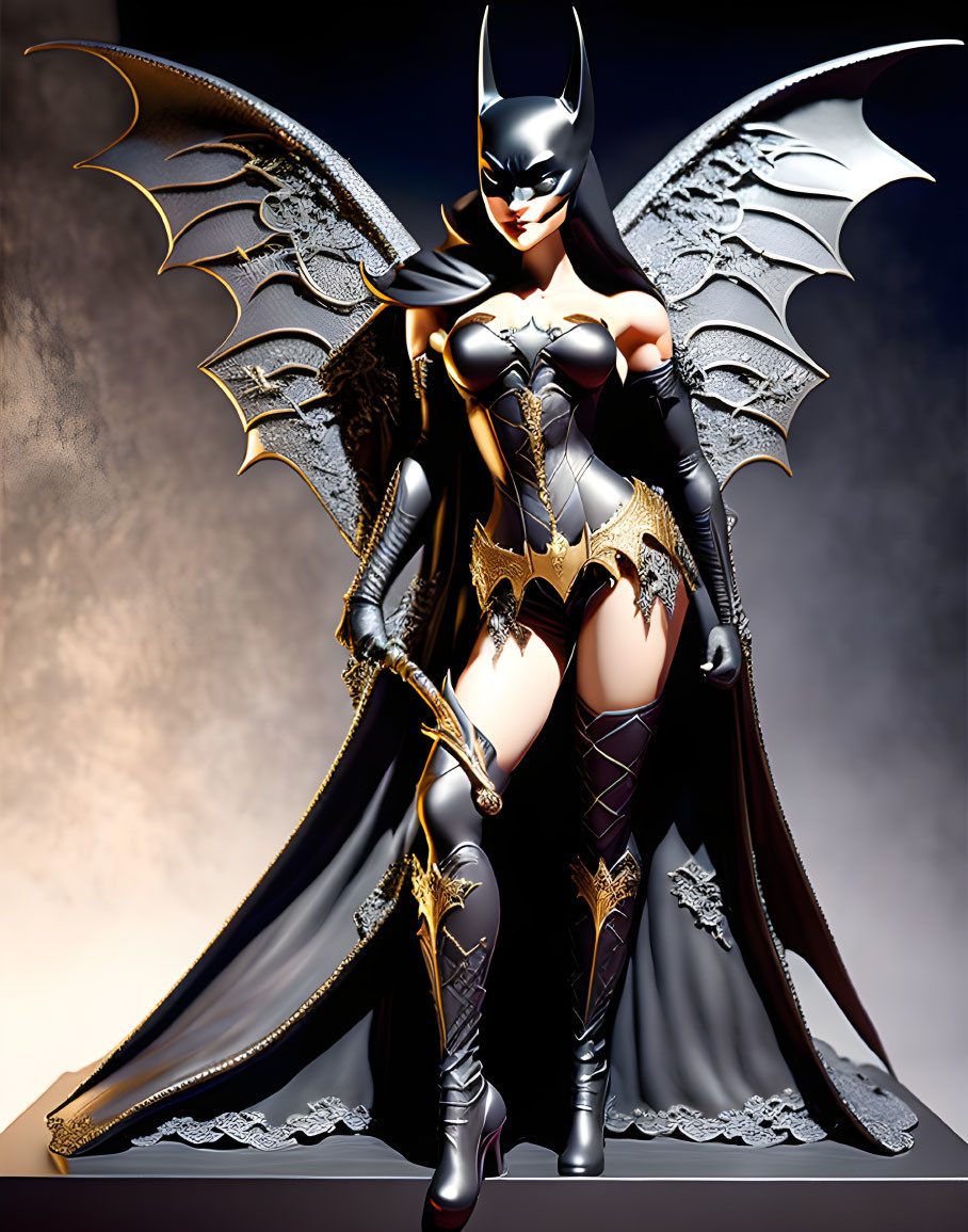 Stylized bat-themed costume with wings, mask, black and gold armor, holding a golden b