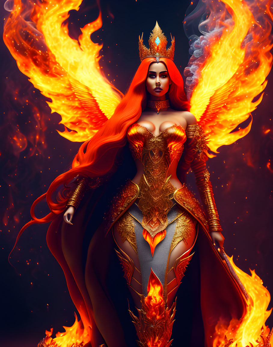 Fantasy queen with fiery wings and golden armor in flames