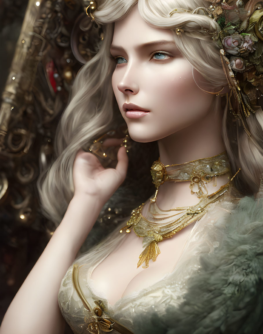 Portrait of a woman with pale skin, curly blonde hair, gold jewelry, and floral decorations against a