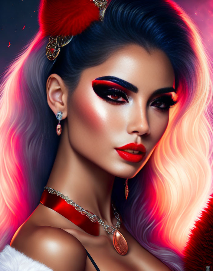 Vibrant digital portrait of a woman with blue hair and red makeup