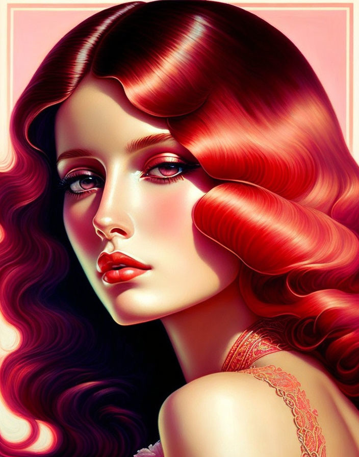 Digital artwork: Woman with voluminous red hair, fair skin, full lips, and lace tattoo.