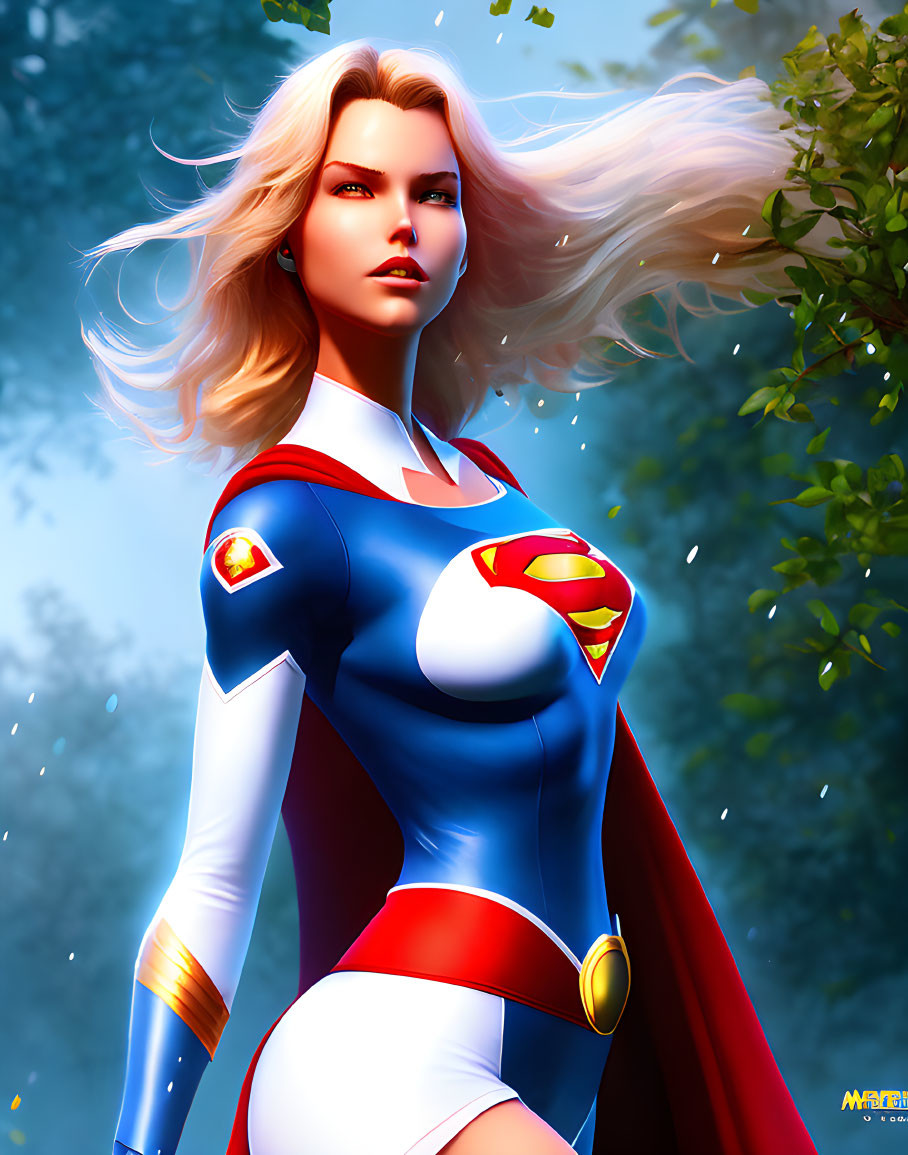 Superheroine in iconic costume with flowing cape against nature backdrop