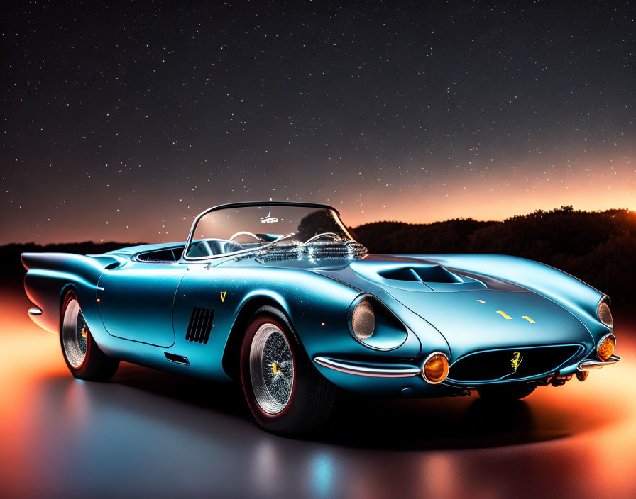 Classic Blue Sports Car with Illuminated Headlights Under Starry Night Sky