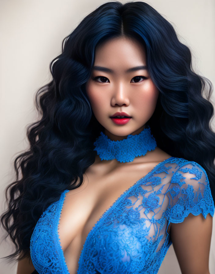 Vibrant blue wavy hair woman in blue lace attire poses confidently