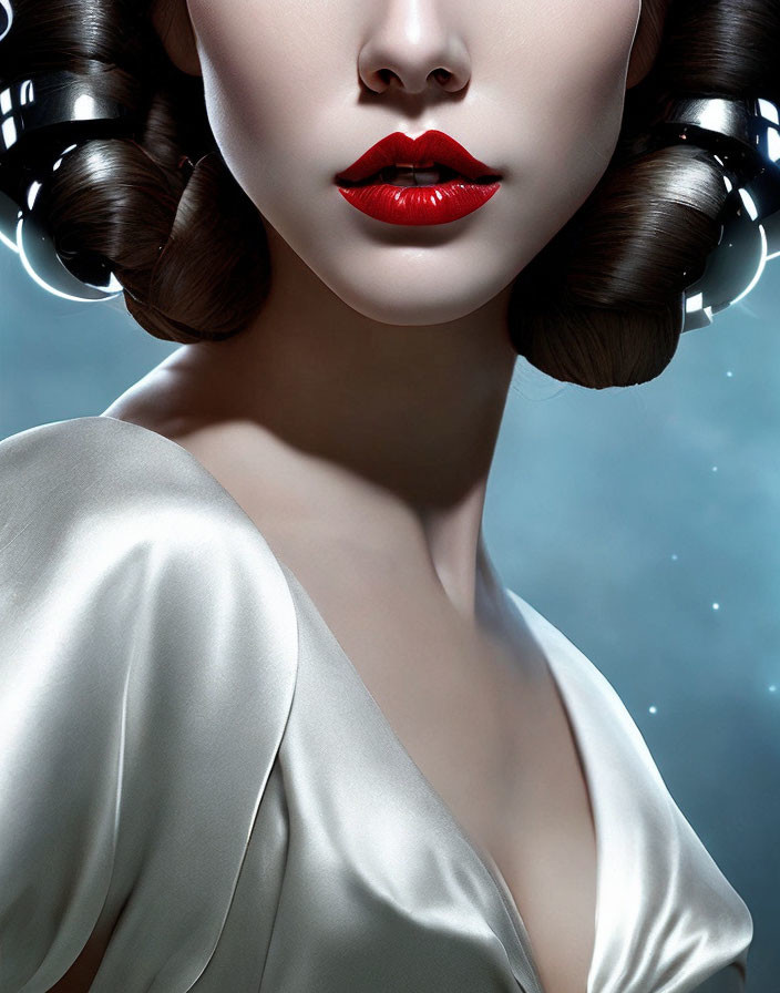 Woman with red lipstick and futuristic hair rollers in plunging white dress on starry backdrop