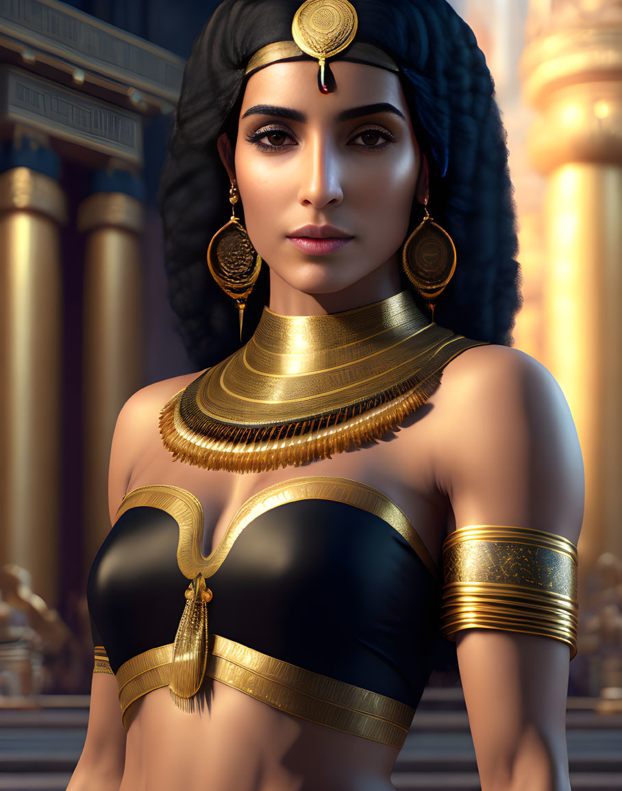 Digital art: Egyptian queen with snake motif necklace, set against ancient pillars