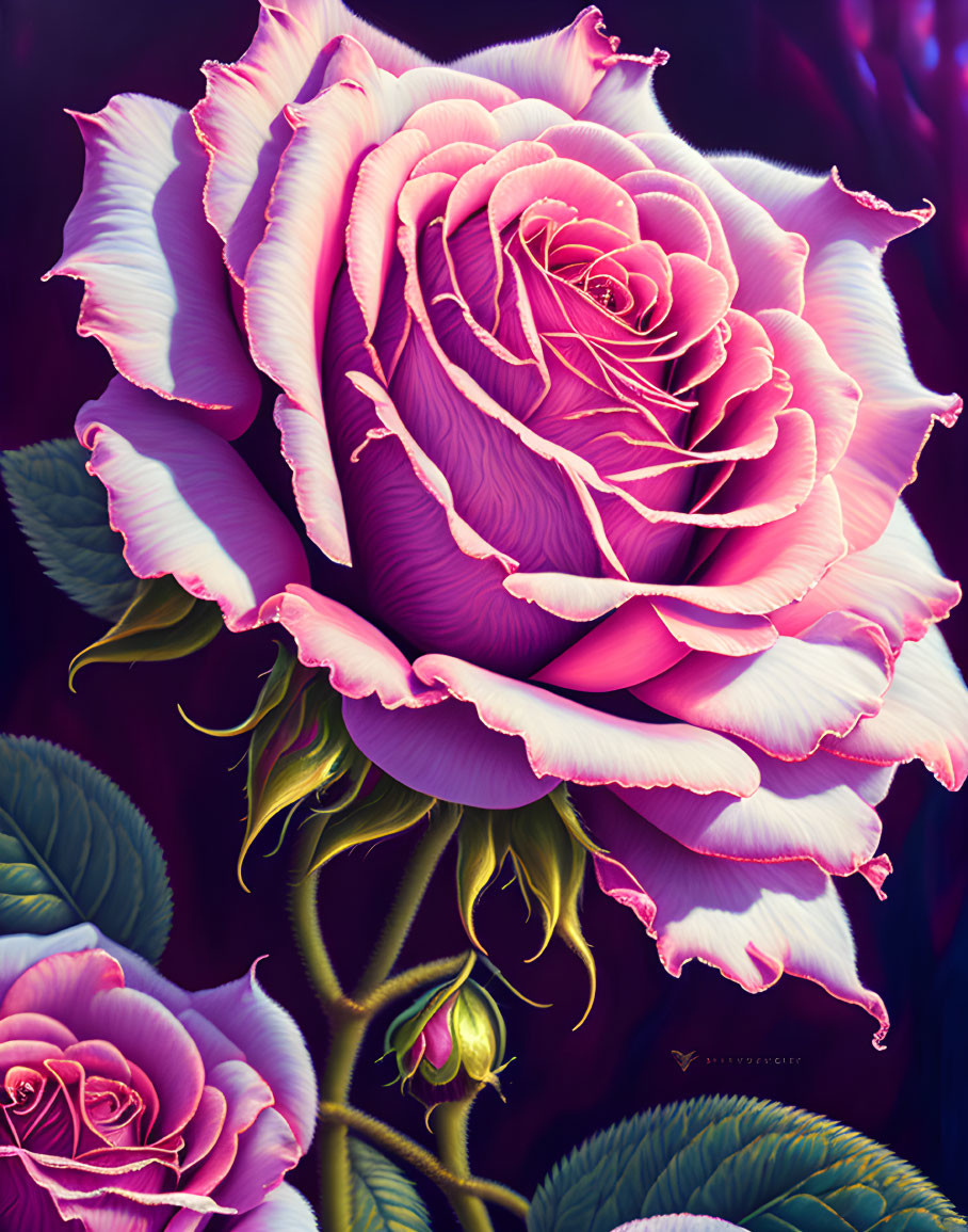 Colorful digital artwork: Large pink and purple rose with intricate petals and dark leaves