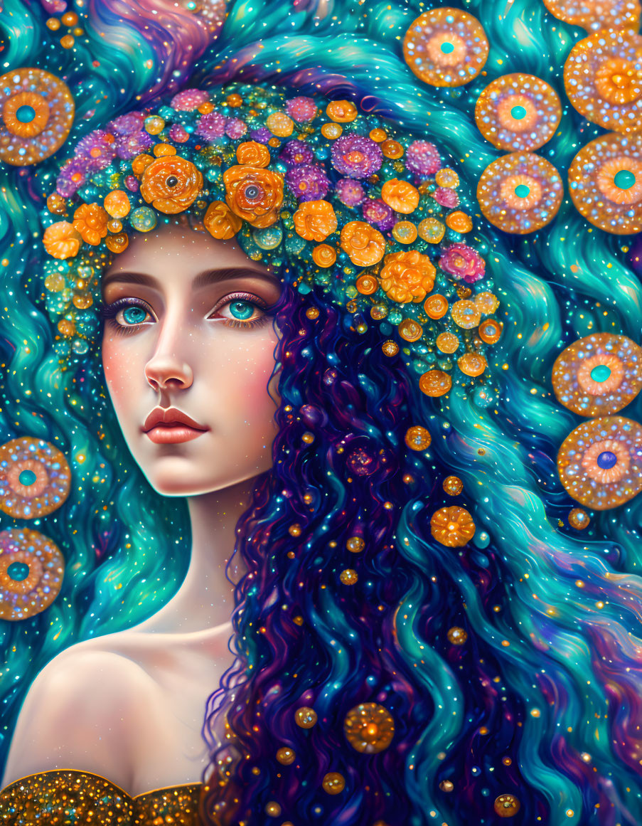 Colorful Woman with Blue Hair and Floral Adornments in Magical Setting