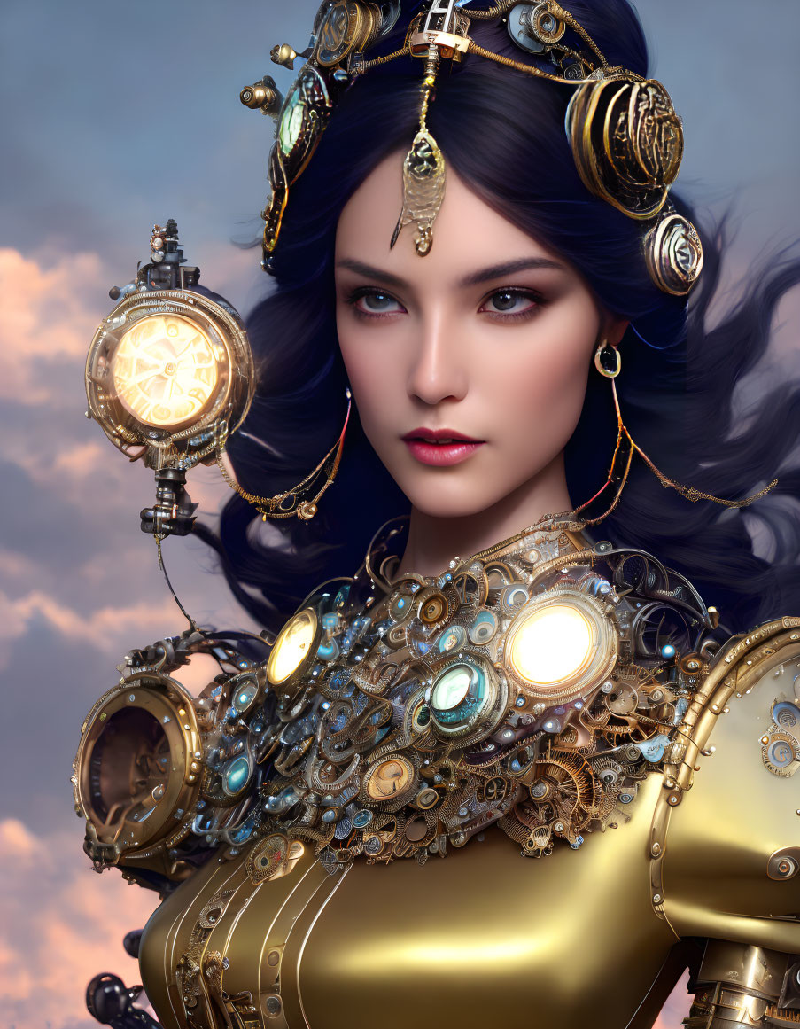 Steampunk-inspired woman with intricate gold mechanical parts.