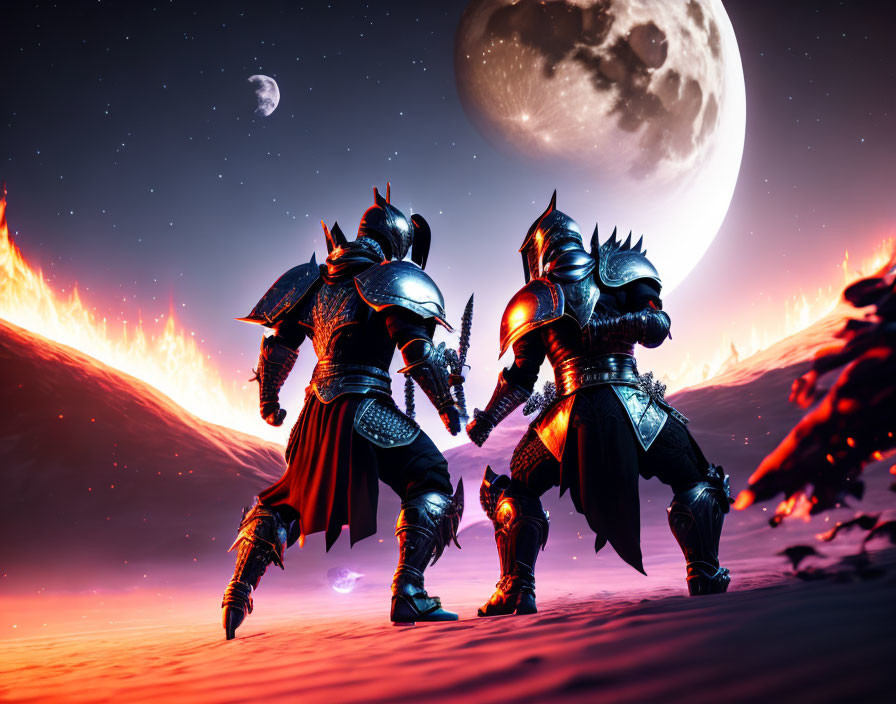 Armored knights in combat against fiery landscape and moonlit sky