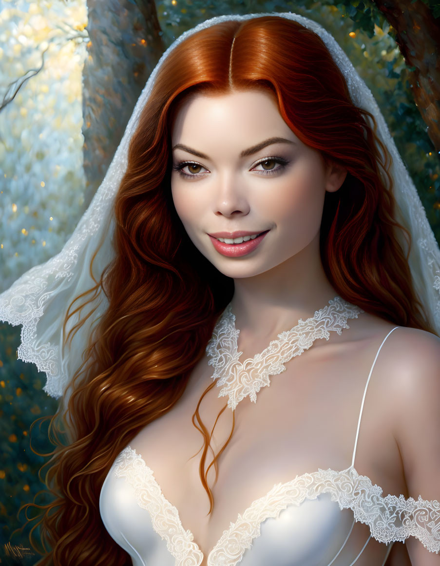 Elegant bride with auburn hair and green eyes in white lace veil amid sunlit foliage