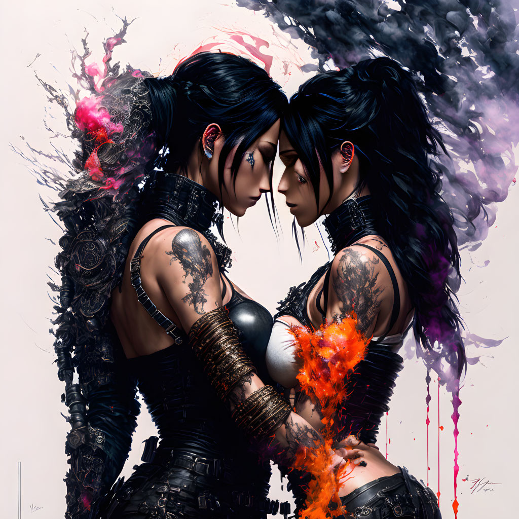 Identical female figures in black armor with tattoos touching foreheads