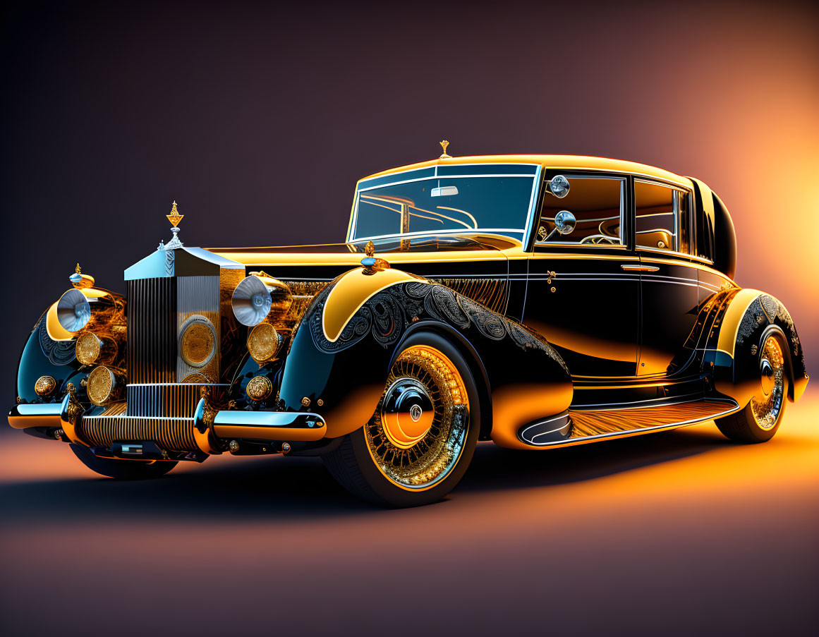 Luxury Classic Car with Gold Trim and Grille on Gradient Background