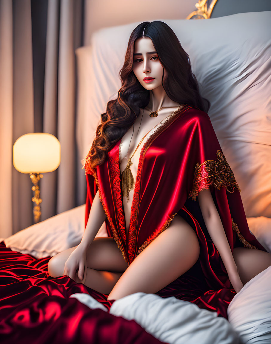 Dark-haired woman in red silk robe on bed with lit lamp