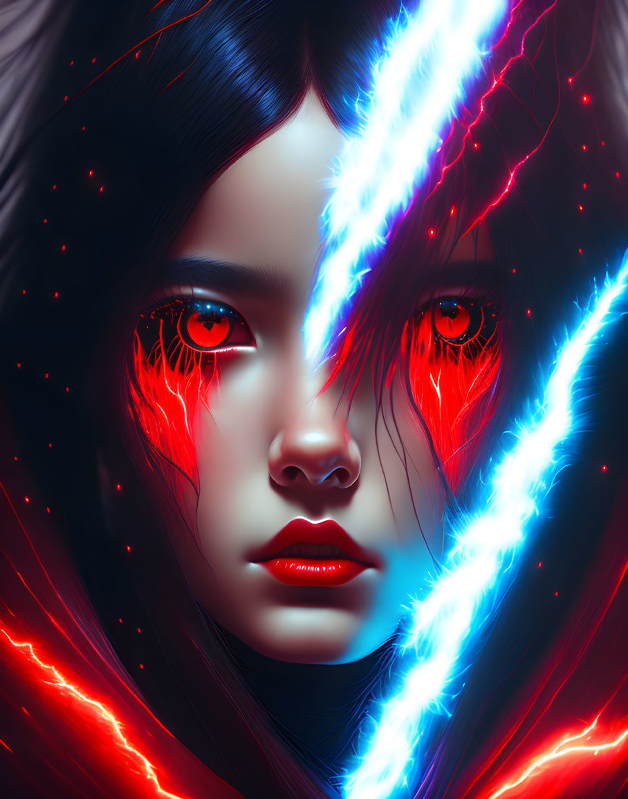 Girl with Red Eyes and Hair in Digital Artwork with Lightning Effects