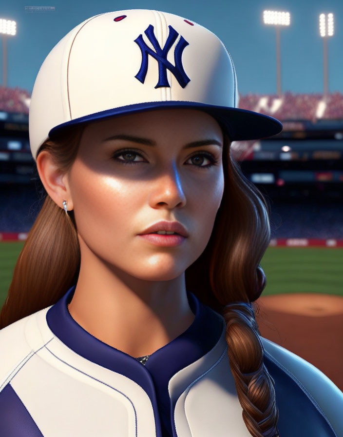 Digital art portrait of woman with braid in baseball cap and uniform at stadium.