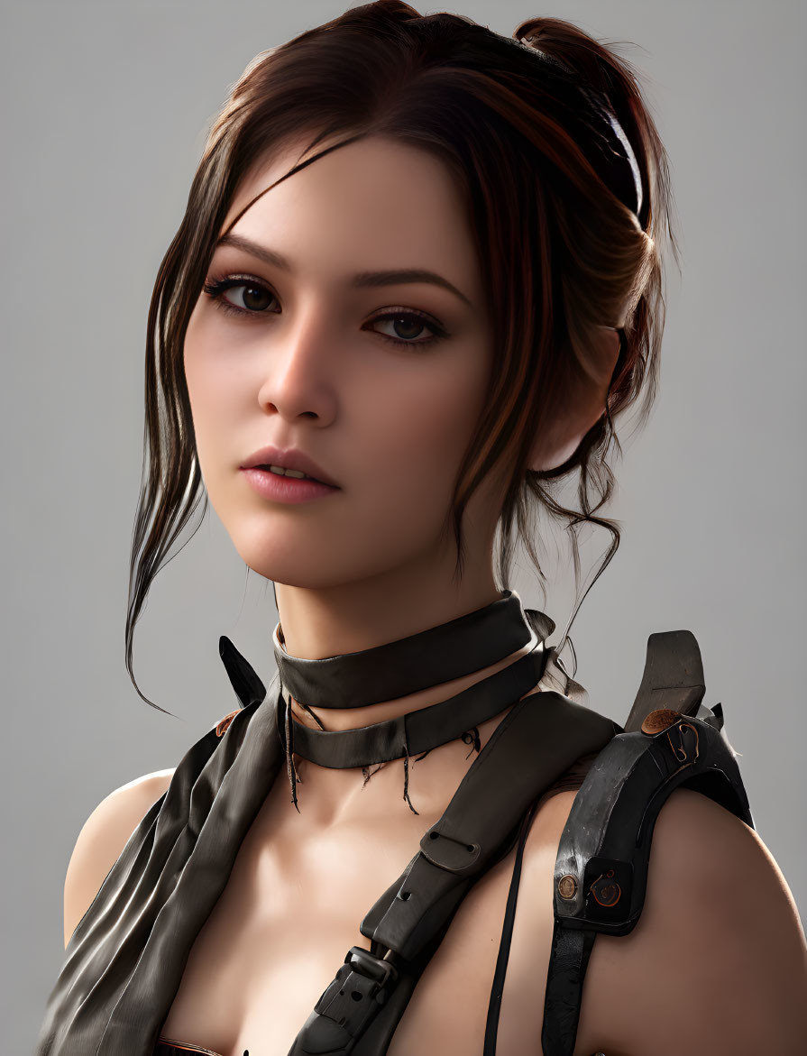 Brown-haired woman in choker with tactical gear and torn top