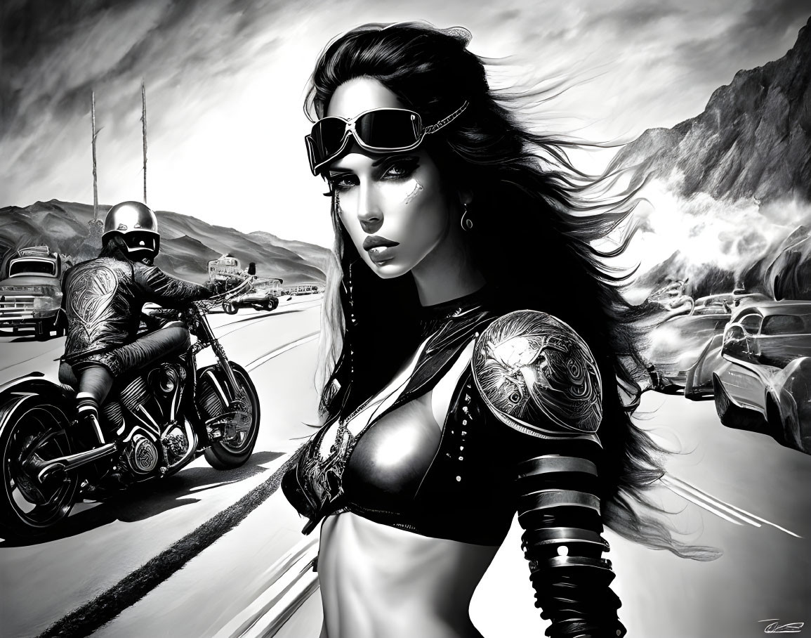 Monochrome illustration of woman in futuristic armor with long hair and glasses, surrounded by motorcycle rider and cars