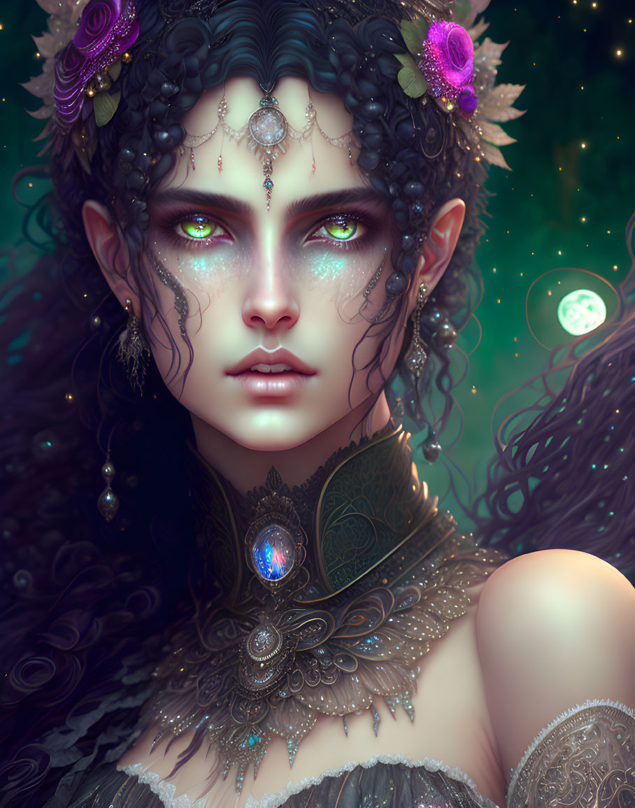 Fantasy illustration of woman with green eyes, intricate jewelry, floral hair, and mystical aura