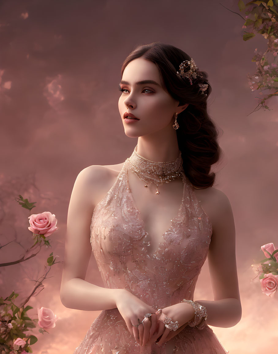 Dark-Haired Person in Lace Dress with Jewelry Against Pink Sky