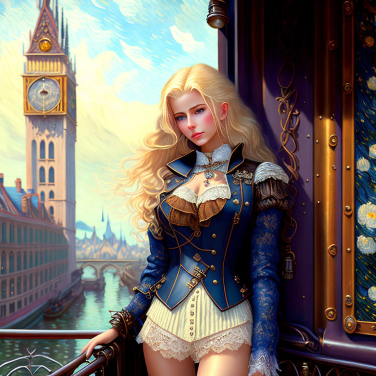 Blonde Anime Character in Victorian Outfit with Big Ben Background