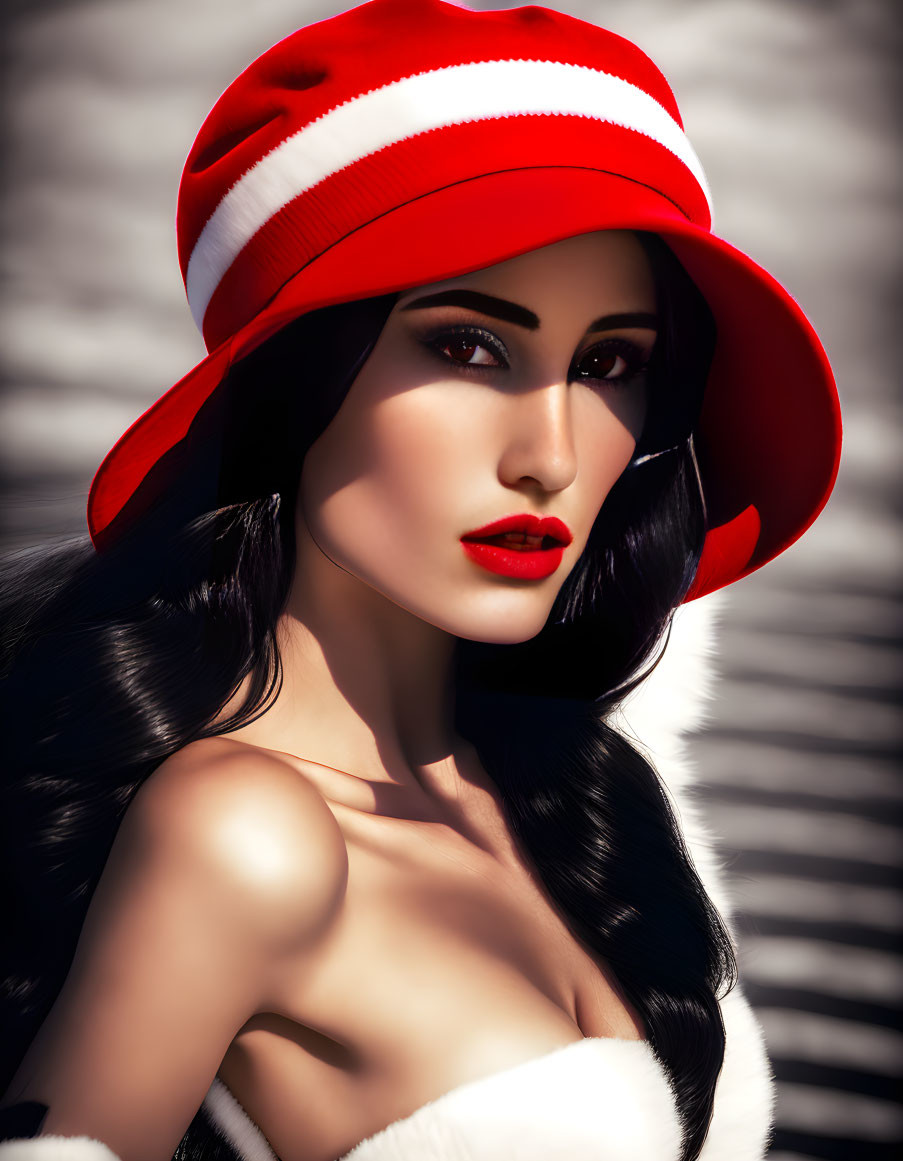 Portrait of woman with striking makeup and red/white hat against shadow lines