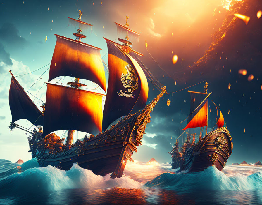 Ornate pirate ship on fiery seas with smaller vessel