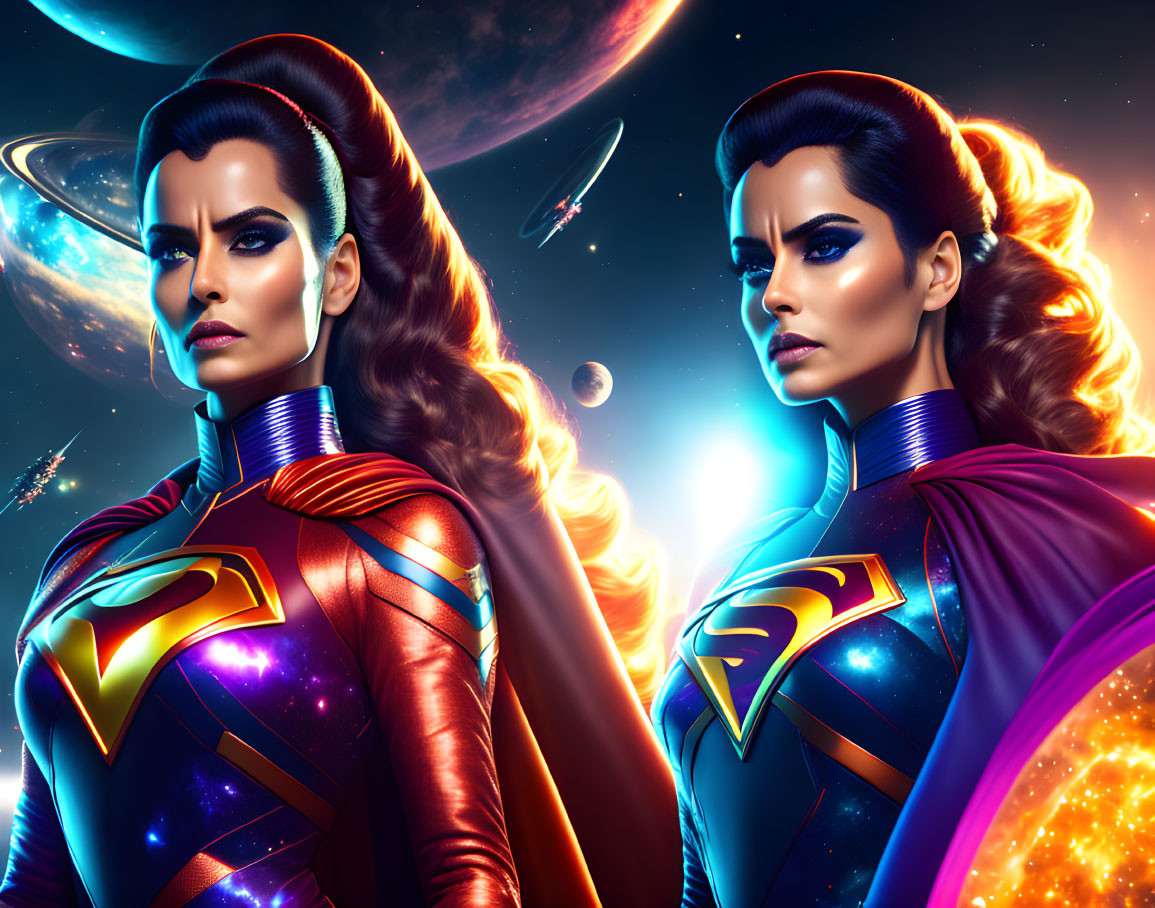 Two Women Superheroes in Cosmic Setting with Capes and Planets