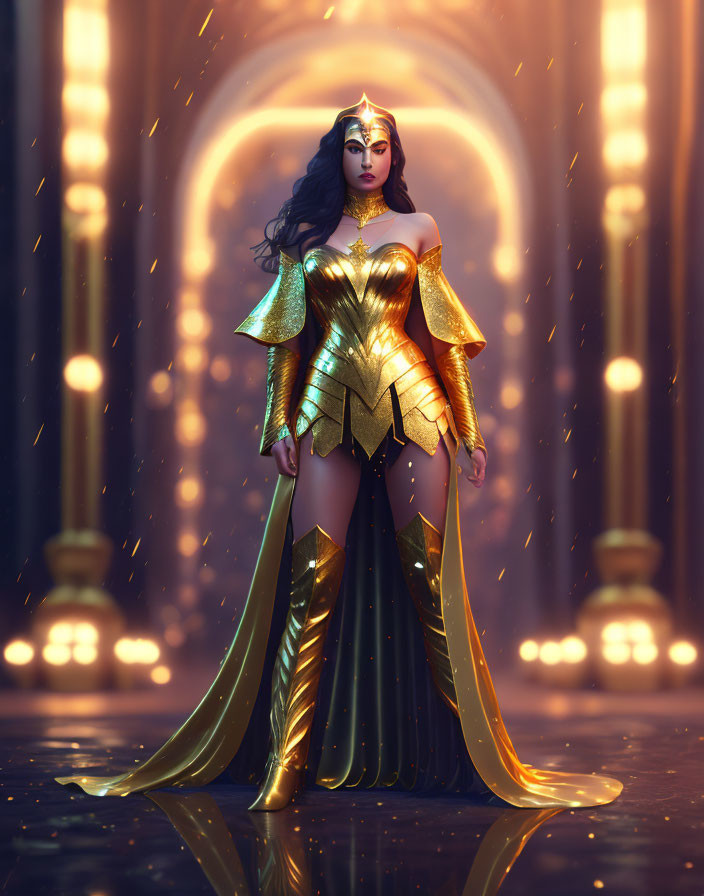 Golden-armored warrior woman in ornate hall