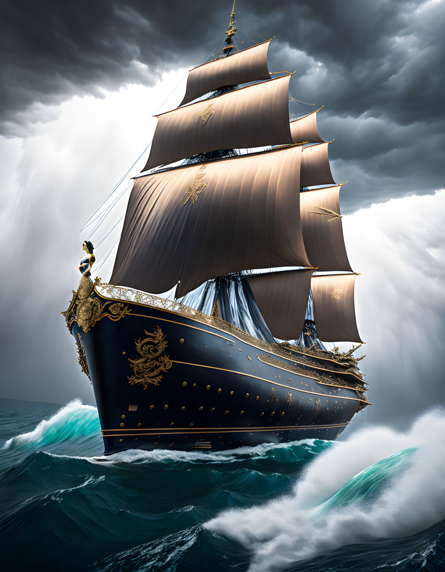 Majestic sailing ship with golden-brown sails navigating stormy seas