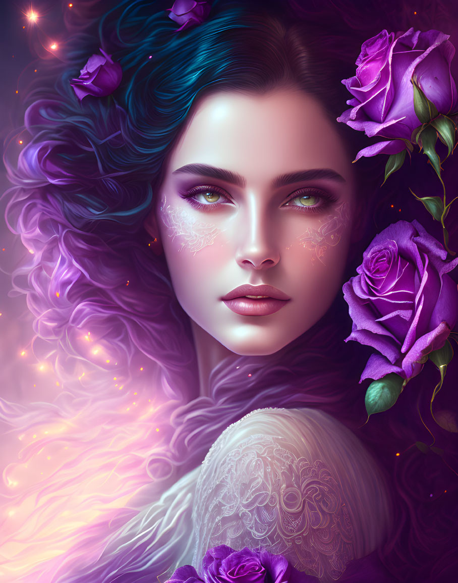 Vibrant blue and purple hair woman with green eyes and roses illustration