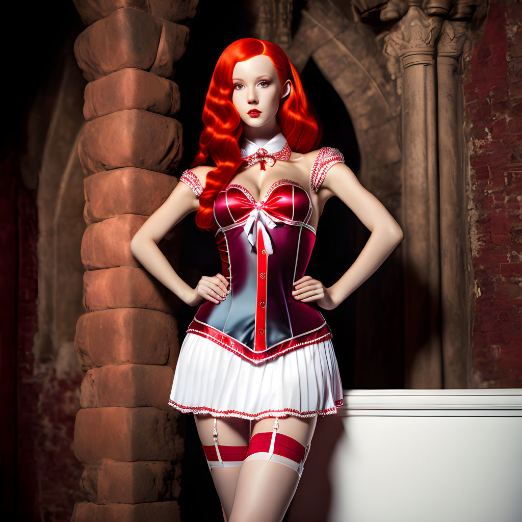 Red-haired mannequin in gothic room wearing red & white corseted dress