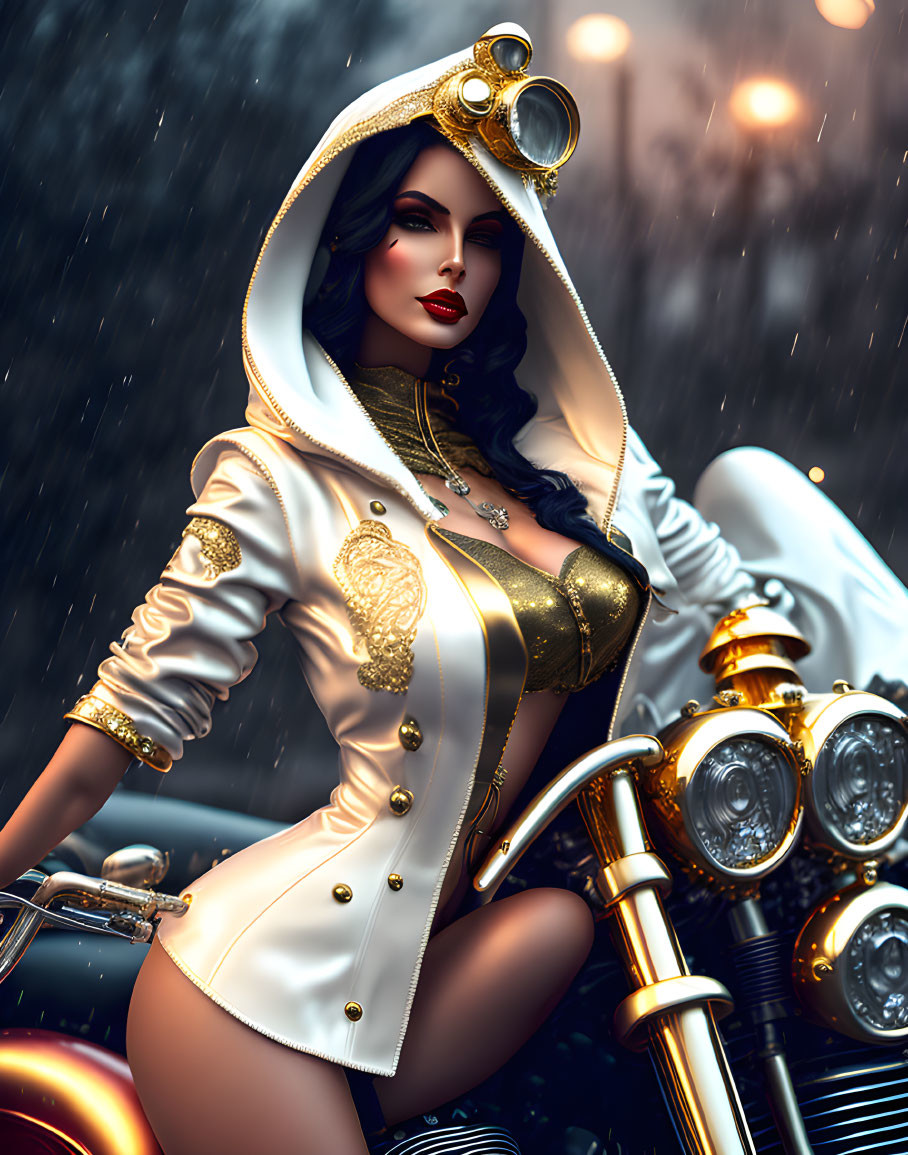 Stylized woman in white jacket and gold corset on motorcycle in rain.