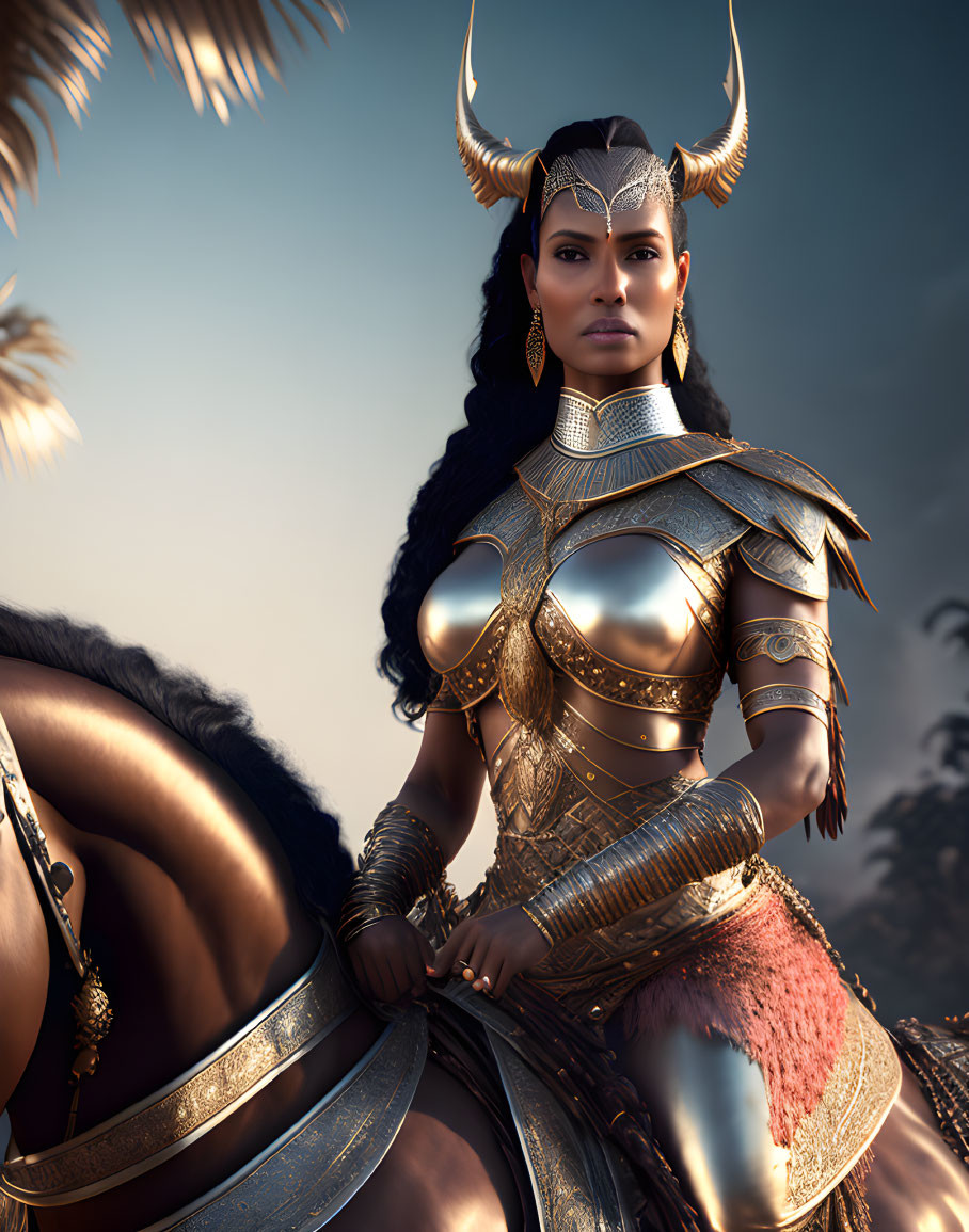 Majestic warrior woman in golden armor on horseback