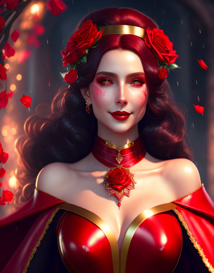 Illustrated woman with red roses in hair and dress, surrounded by falling petals