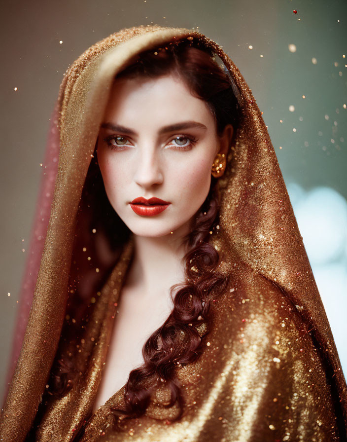 Portrait of Woman with Red Lipstick and Gold Shawl